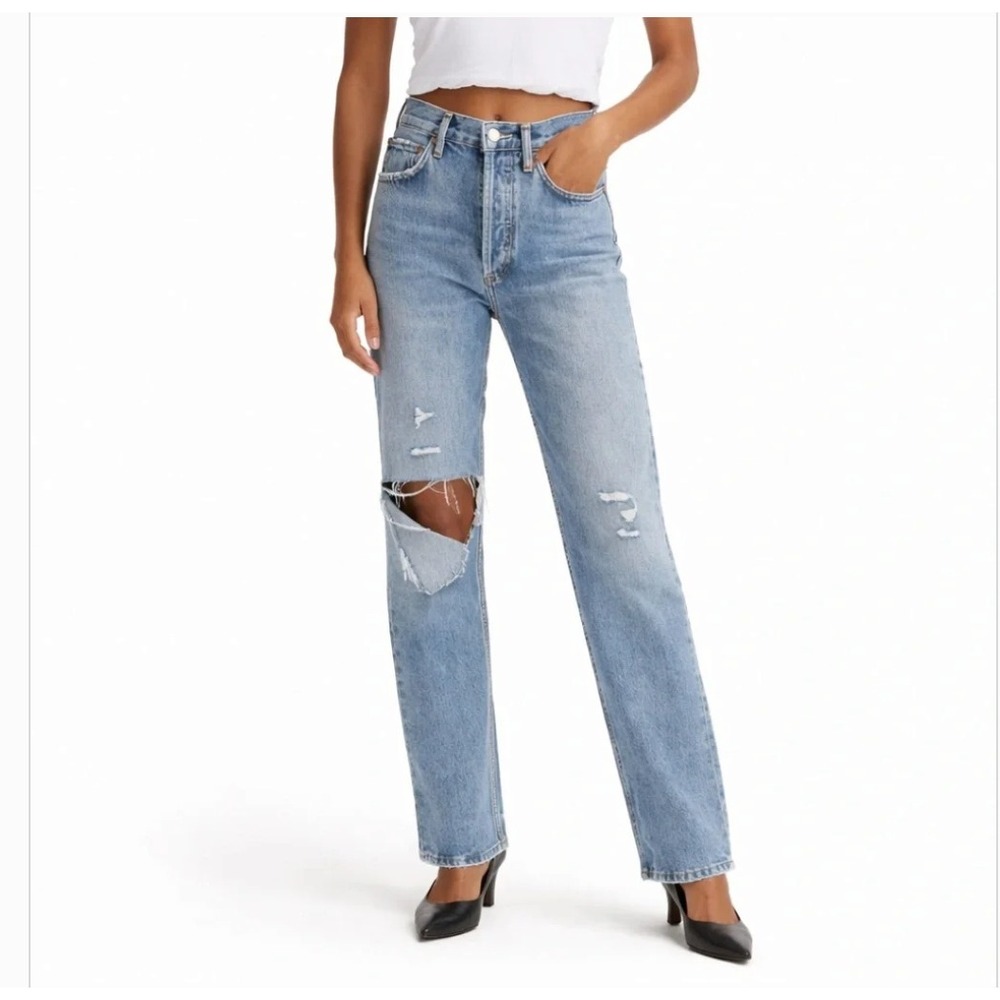 AGOLDE 90s Pinch Waist High Rise Straight Leg‎ Jeans Light Wash Distressed 23